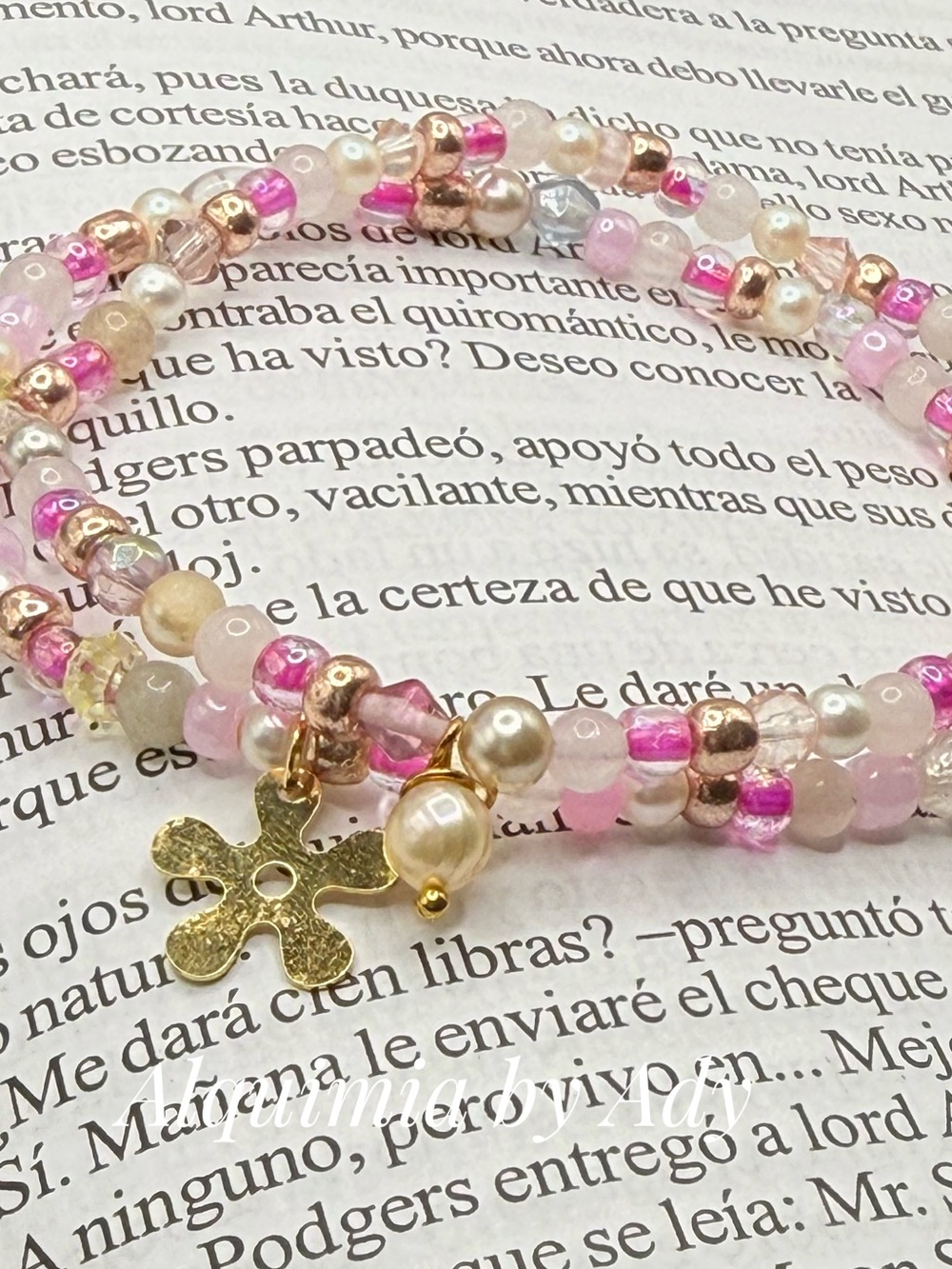 DUO + Dainty pink quartz   gold and baroque pearl charms bracelet
